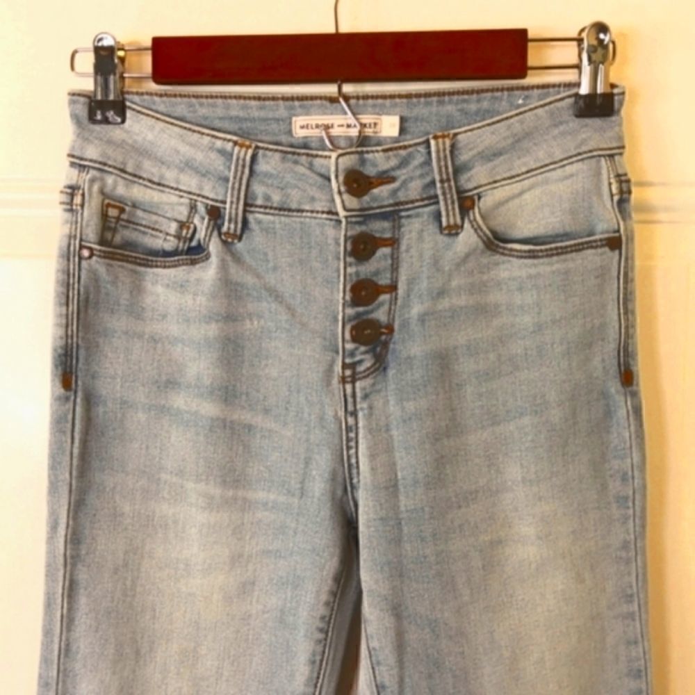 Melrose and Market light wash five pocket button front flare jeans